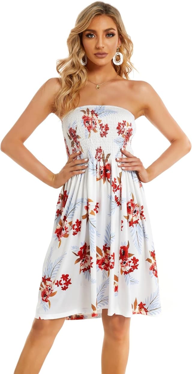 Detalle 2 de Gosunny Damen Sommerkleid schulterfrei ärmellos (Bandeau) – Strand- & Freizeitkleid mit floralem Hawaii-Print