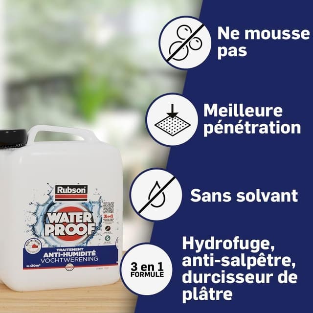 Detalle de Rubson Traitement Murs Humides 3-en-1 (2,5 L) : anti-salpêtre, hydrofuge et durcisseur de plâtre