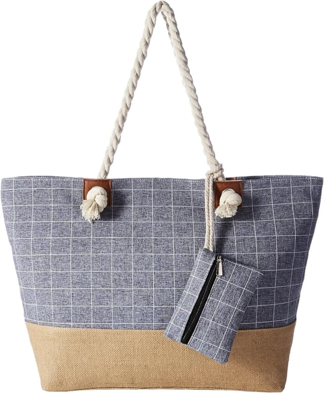 Detalle de DonDon große Strandtasche XXL mit Reißverschluss – Umhängetasche für Urlaub, Strand & Shopper (Karo blau)