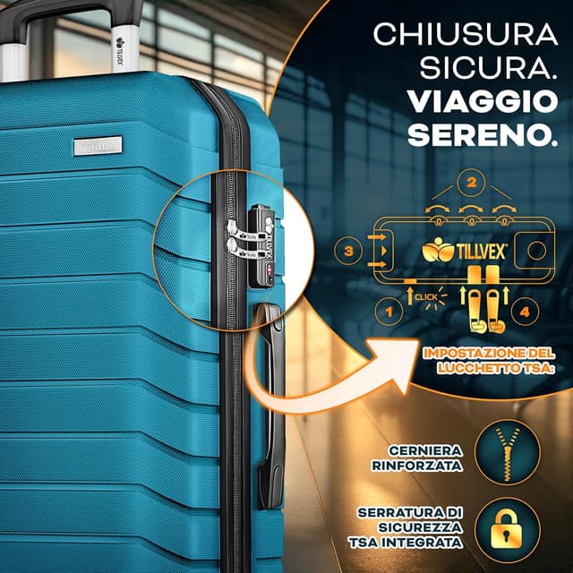 Detalle 2 de Set tillvex da viaggio con 3 valigie rigide ABS, bilancia per bagagli, ruote e serratura TSA (M-L-XL), turchese