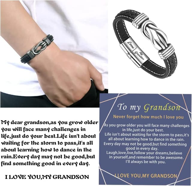 Detalle de To My Grandson leather bracelet with engraving and stainless steel clasp – braided gift for Christmas, birthdays and more
