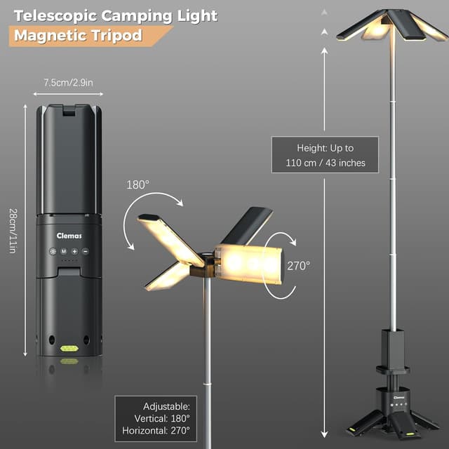 Detalle 2 de Clemas Telescopic Camping Lights Rechargeable 14,000 mAh – Magnetic, Dimmable LED Lanterns (6000LM, IPX5)