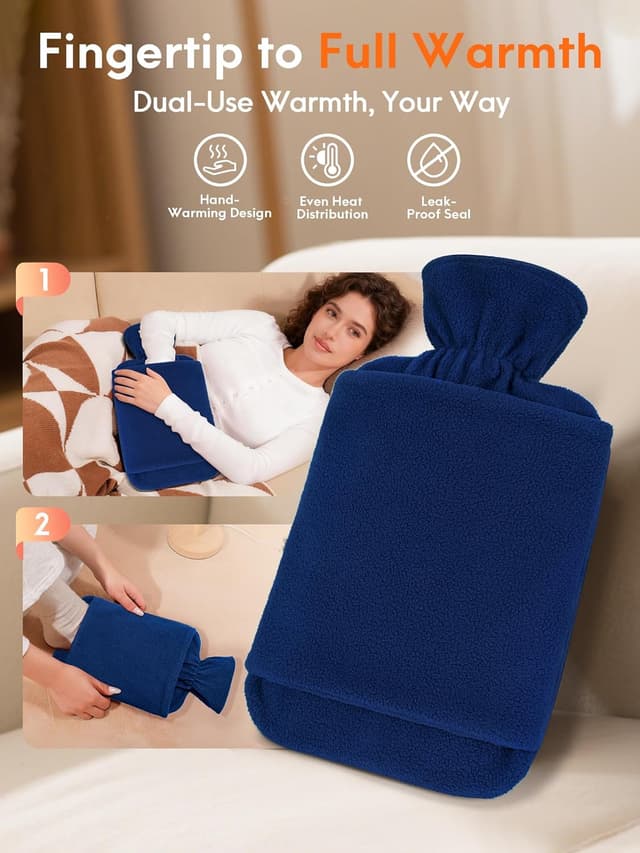 Detalle 1 de MUPAS 2L Hot Water Bottle with Fleece Cover and Hand Pocket (Blue) — leakproof warm bag