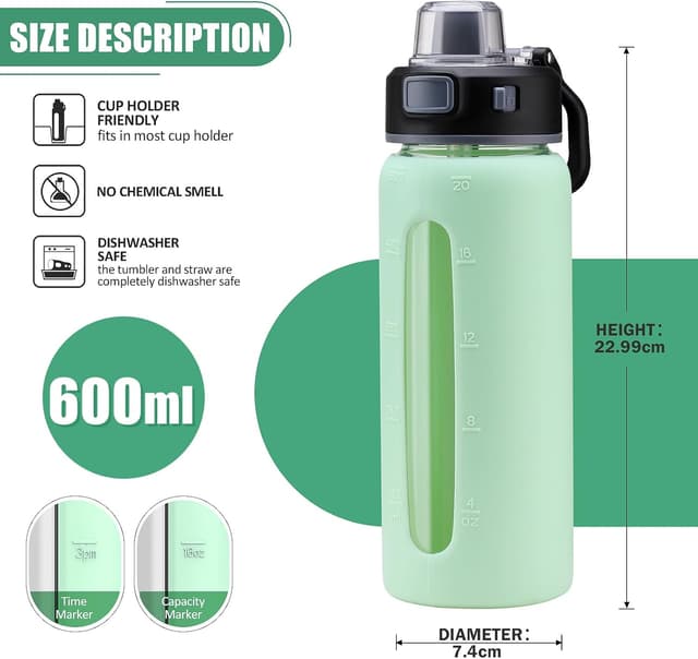 Detalle de BLUEGO Glas-Wasserflasche 600 ml mit 2 Deckeln & Zeit-Skala (Borosilikat, BPA-frei) – hellblau