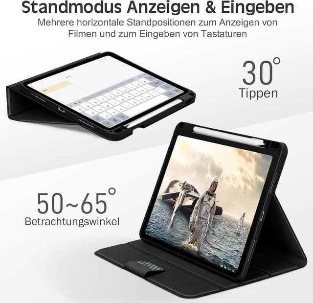 Detalle de KingBlanc Schutzhülle für iPad Air 11" mit Stifthalter – veganes Saffiano-Leder, Auto Sleep/Wake, Schwarz