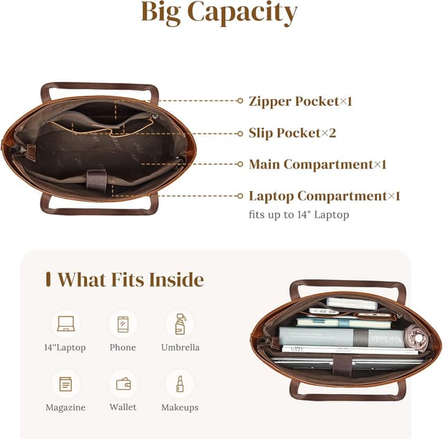 Detalle 2 de S-ZONE Donna Borsa a Tracolla Vintage in Vera Pelle 3 Vie per Laptop – Messenger da viaggio e lavoro