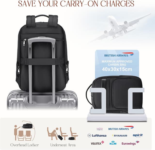 Detalle de BAGZY 40x30x15cm underseat cabin bag backpack with 15.6-inch laptop sleeve (waterproof Oxford) – Beige