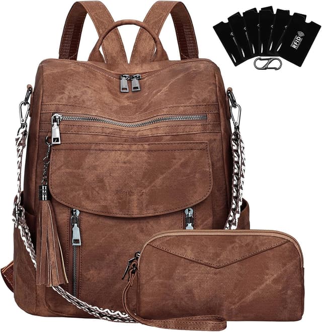 Detalle de LEASOUL women’s vegan leather rucksack bag with anti-theft RFID sleeves