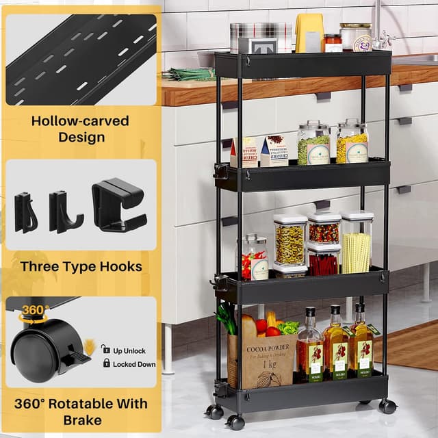 Detalle de SPACEKEEPER Slim Rolling Storage Cart (4-Tier) — Mobile Bathroom Organizer for Narrow Spaces