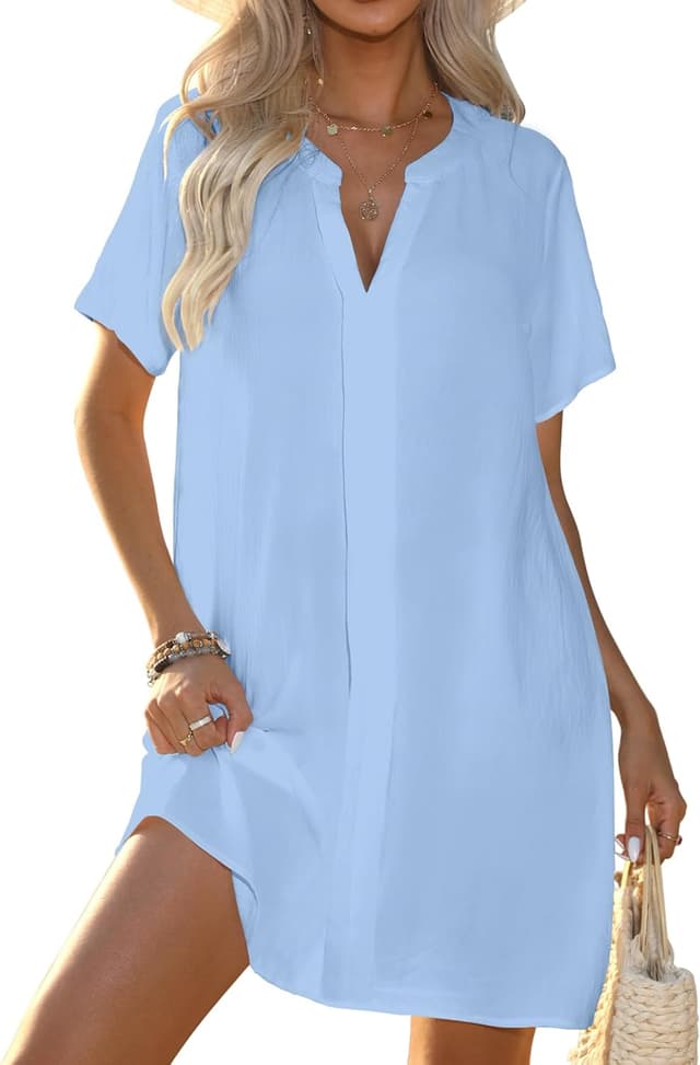 Detalle de Halife Women’s Swimsuit Cover Up Shirt (V-Neck, Short Sleeve) — Polyester Pullover Beach Shirt Dress