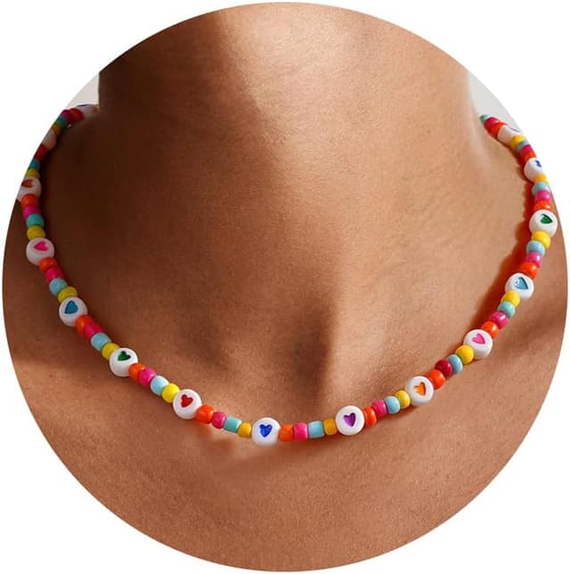 Detalle de TINGN Bunte Perlenkette für Damen – handgefertigte Boho Herz-Perlenkette mit verstellbarer Länge