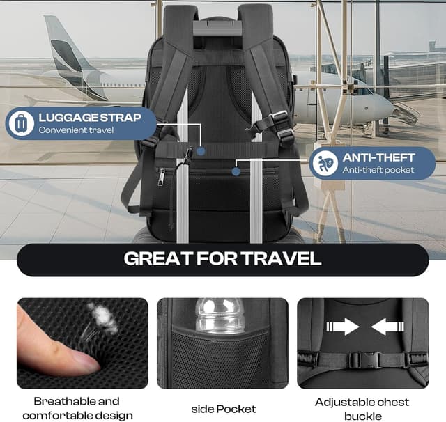 Thumbnail 6 de Sirmaeed Carry-On Backpack 40L–50L (Expandable) TSA-Approved for 17.3” Laptops, Black