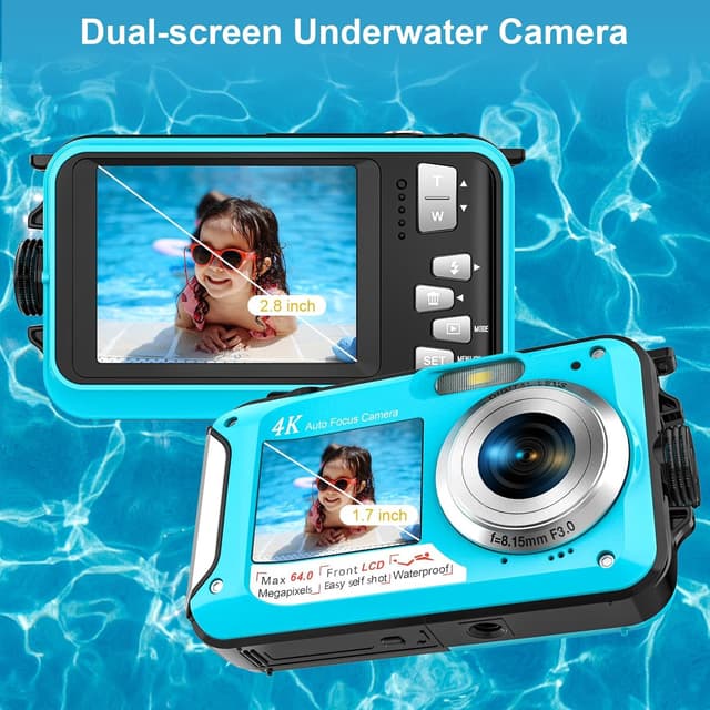 Detalle de Yixinxin Unterwasserkamera (UHD 4K, 64 MP) mit Autofokus und Dual-Selfie-Bildschirmen, inkl. 32-GB-Karte