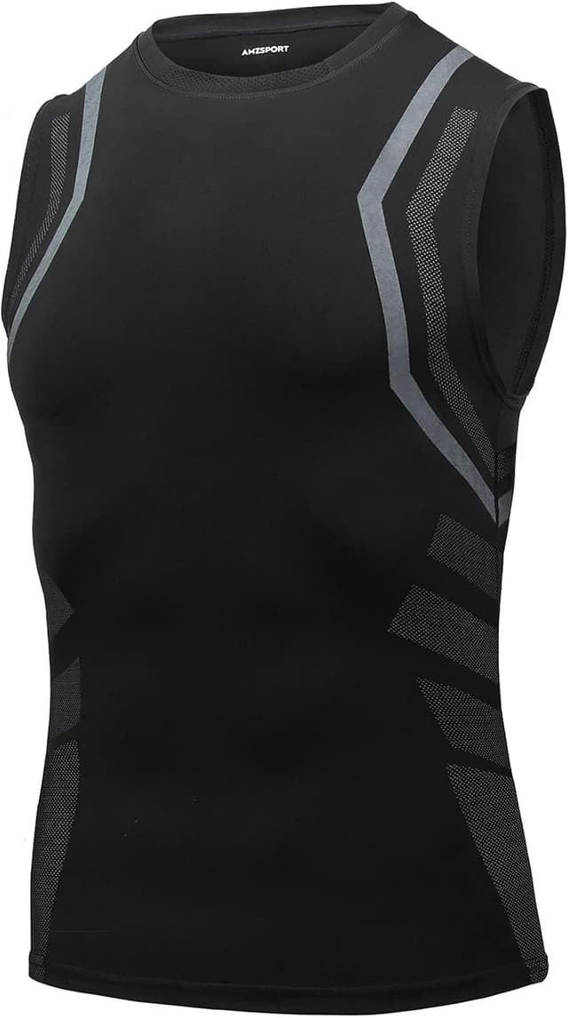 Detalle de AMZSPORT Canotta Compressione Uomo con asciugatura rapida e logo riflettente per palestra, running e body building