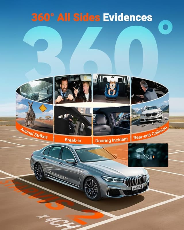 Detalle de Vantrue N5S 4-Channel 360° Dash Cam with 2.7K Front + Dual GPS, 24/7 Buffered Parking Mode, and Voice Control