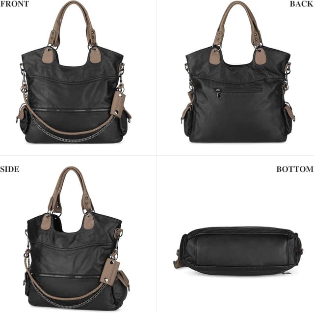 Detalle 2 de VINBAGGE washed vegan leather ladies bag in black – large capacity crossbody/tote with multiple pockets