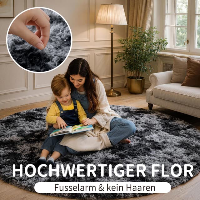 Detalle 1 de VOFUSHON Hochflor-Teppich rund 150 cm dunkelgrau, waschbar & rutschhemmend