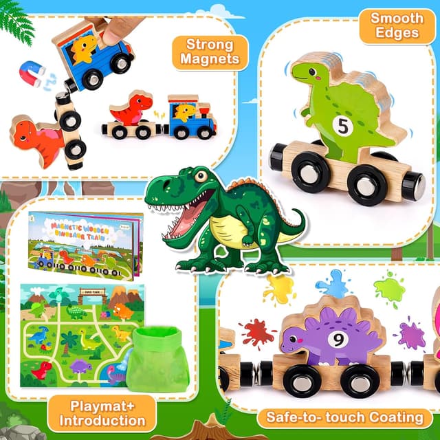 Detalle de Toddler Wooden Magnetic Dinosaur Train Set (11 cars) for ages 1–3