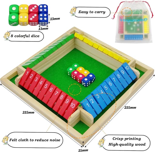 Detalle 2 de VingaHouse Shut the Box Game for 4 Players (wooden family travel dice board game)