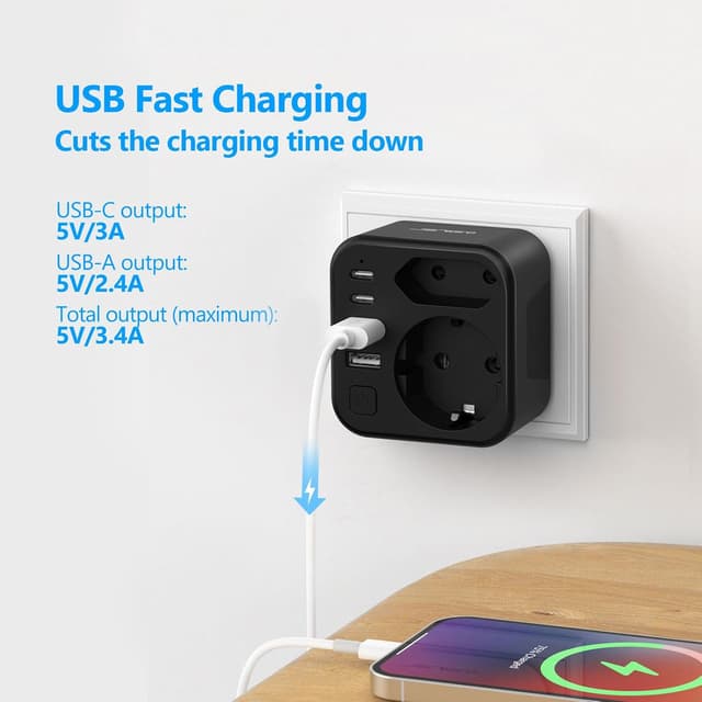 Detalle de JSVER Steckdosenleiste mit USB (2× Schuko/Europa, 2× USB-A & 2× USB-C, 3680 W/16 A) mit Schalter – schwarz