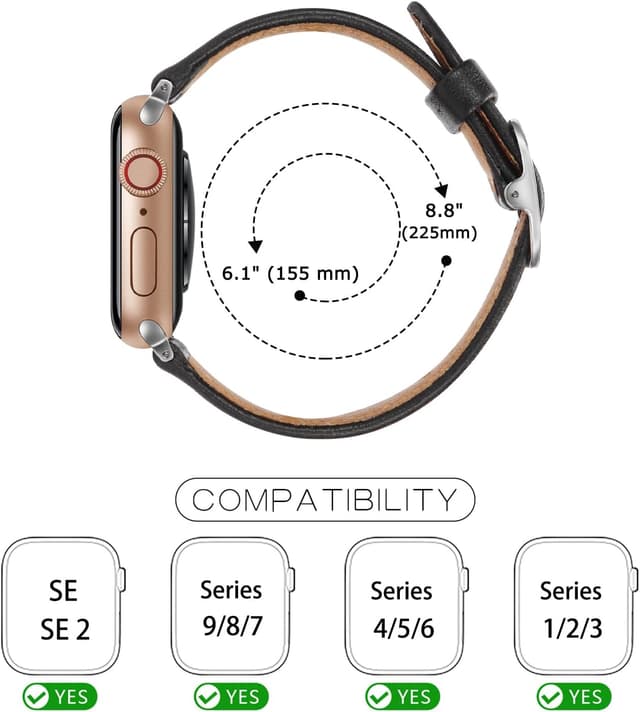 Detalle de Tasikar genuine leather Apple Watch strap with square buckle (38/40/41/42/44/45mm) for Series 1–8, SE & SE 2022 – Black