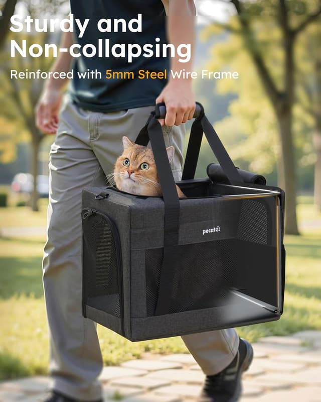 Detalle 2 de pecute Katzentasche Transporttasche Stabiler Rahmen bis 8 kg, belüftet, abschließbare Reißverschlüsse – Hellgrau XL