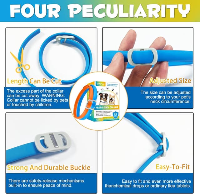 Detalle de Hundehalsband 4er-Set (60 cm) – verstellbar und wasserdicht, 24 Monate Schutz für kleine bis große Hunde (Orange & Blau)