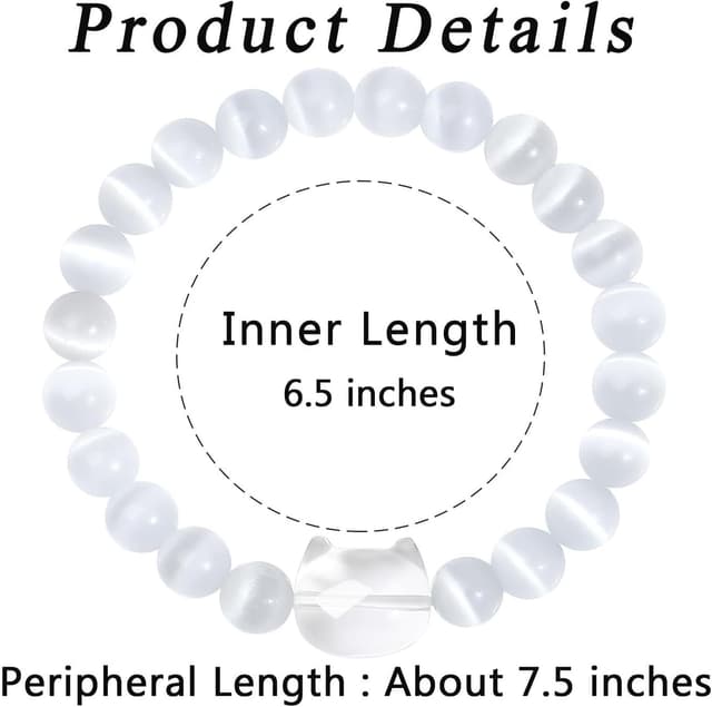 Detalle de XIANNVXI Cat Crystal Bracelet with Clear Quartz Beads (8mm) – Elasticated Cat Gift for Women