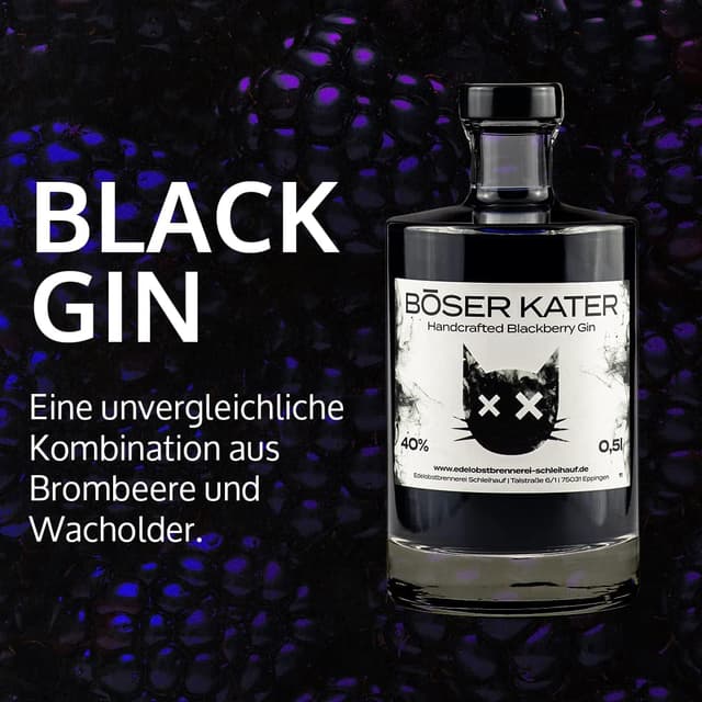 Detalle 1 de BÖSER KATER Black Gin Geschenkset mit 2 Gläsern – Blackberry Gin in hochwertiger Box (0,5 l, 40% Vol.)