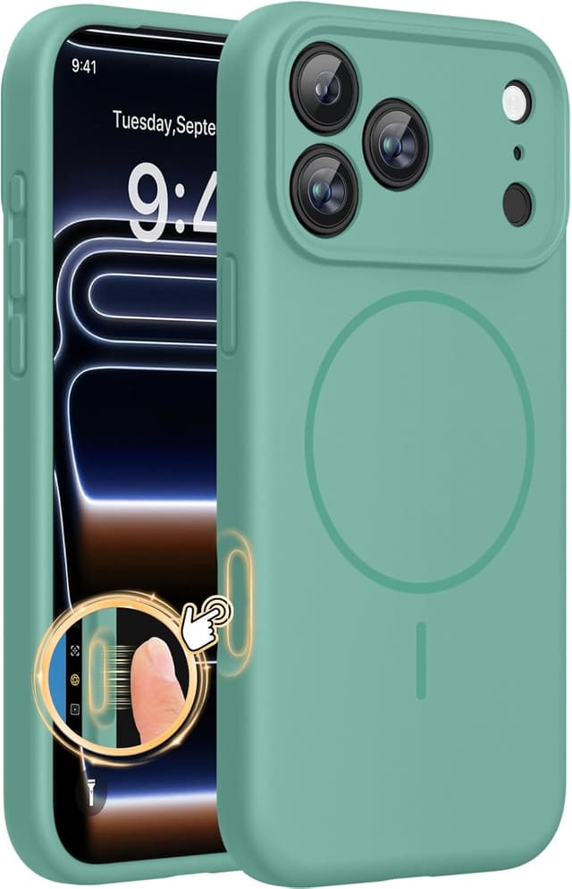 Detalle de Miracase Magnetic Liquid Silicone Case for iPhone 17 Pro (MagSafe) – Midnight Green