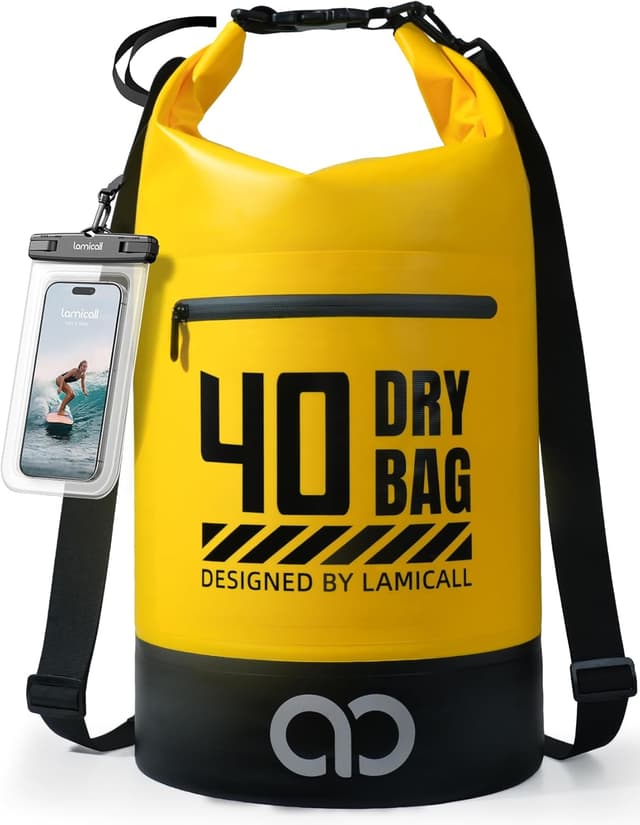 Detalle de Lamicall Dry Bag Waterproof Backpack with IPX8 Phone Pouch – 40L (Yellow)