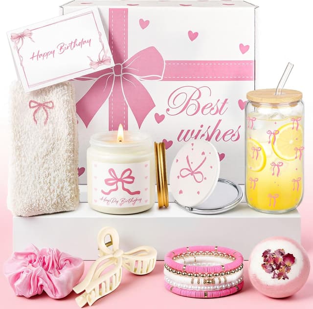 Detalle de Rosa Geschenkbox mit Schleifen-Design – Wellness-Geschenkset für Frauen mit Duftkerze, Badebombe, Glasbecher & Beauty-Accessoires