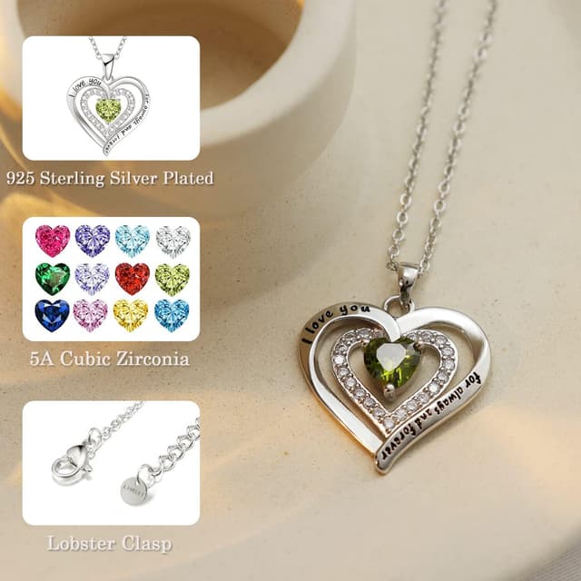 Detalle de LIHELEI Damenkette S925 Silber mit „Forever Love“ Herz-Geburtsstein-Anhänger