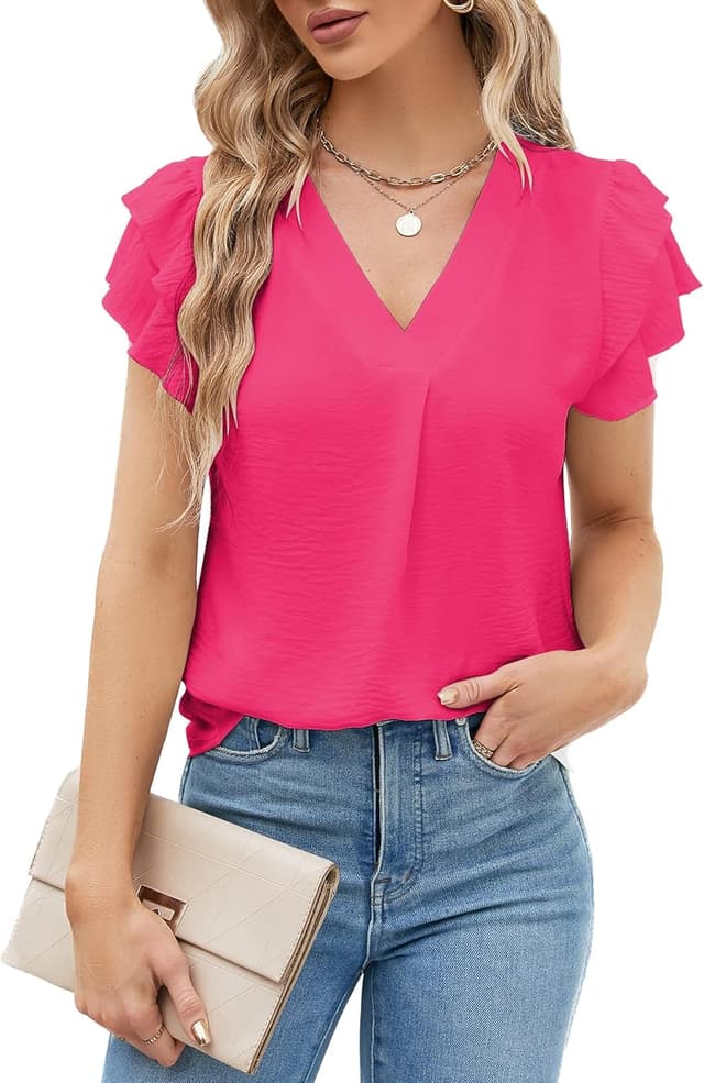 Detalle de BUNSLOOM Damen-Bluse aus Chiffon mit V-Ausschnitt, Kurzarm und Puffärmeln – Sommer-Casual für Büro & Alltag