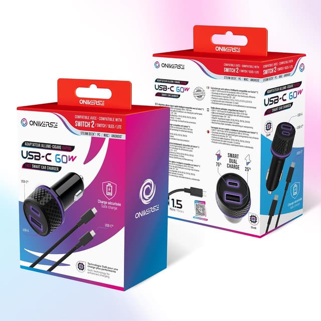 Detalle 2 de Oniverse Zigarettenanzünderadapter 60W mit Doppel-USB-C & USB-A – Auto-Ladegerät für Switch, OLED, Lite, PC & Android/iOS