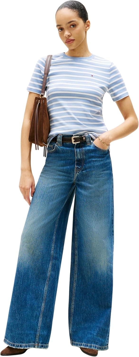 Detalle 2 de Tommy Hilfiger Damen Slim Cody Kurzarmshirt C-NK Ss WW0WW40587 aus 100% Baumwolle