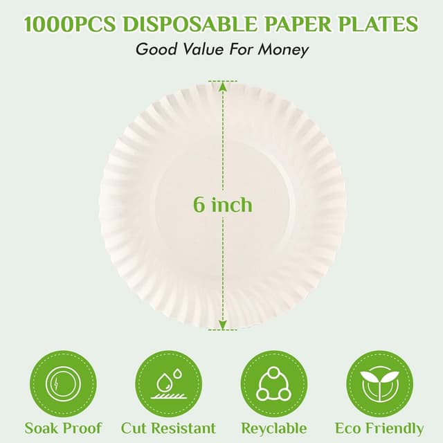 Detalle de FOCUSLINE 6 Inch Paper Plates (Uncoated), 1000 Count White Disposable Dessert Plates