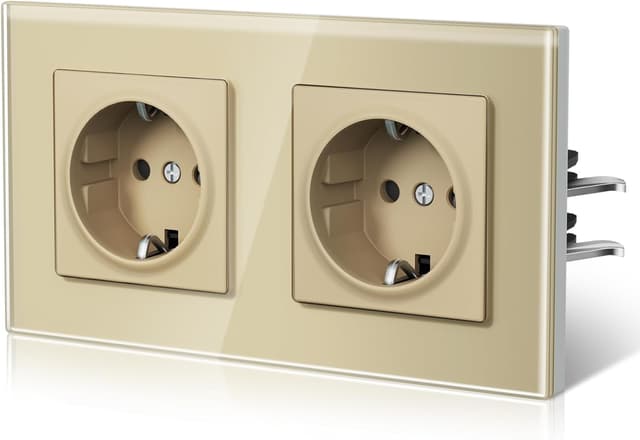 Detalle de BSEED Glas-Steckdose EU-Standard E-Serie (2-fach), 16A/250V – Wandsteckdose mit Kindersicherung, 157 mm in Gold