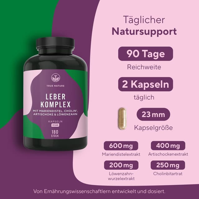 Detalle 2 de Leber Komplex – 180 Kapseln (90 Tage) mit Mariendistel, Artischocke, Löwenzahn & Cholin – TRUE NATURE