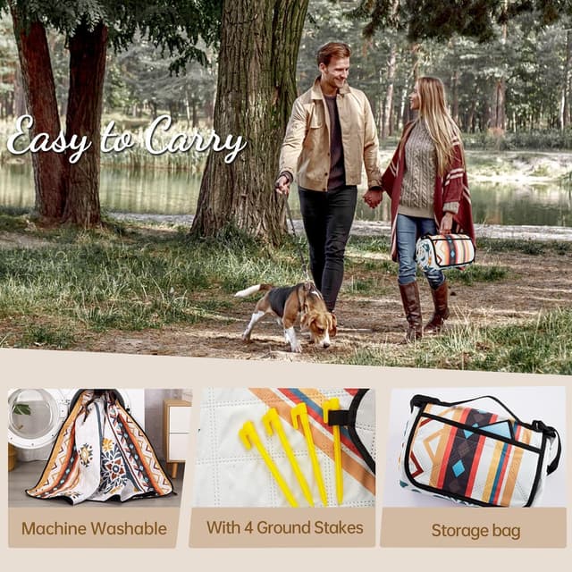 Detalle de Aptliton Waterproof Picnic Blanket 200 x 300 cm with 4 Stakes (Bohemian) – foldable outdoor picnic mat