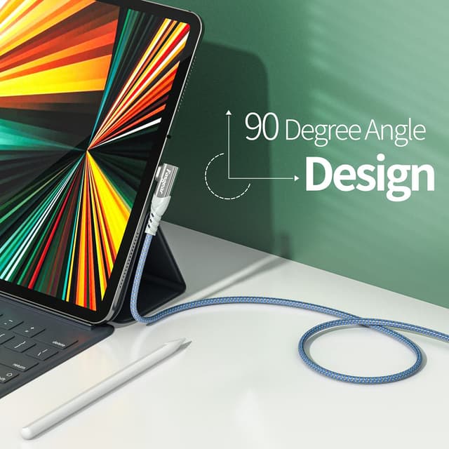 Detalle de Fasgear USB-C 90 Degree Cable (Right Angle) – 3A Fast Charging & 480 Mbps, 10ft, Blue