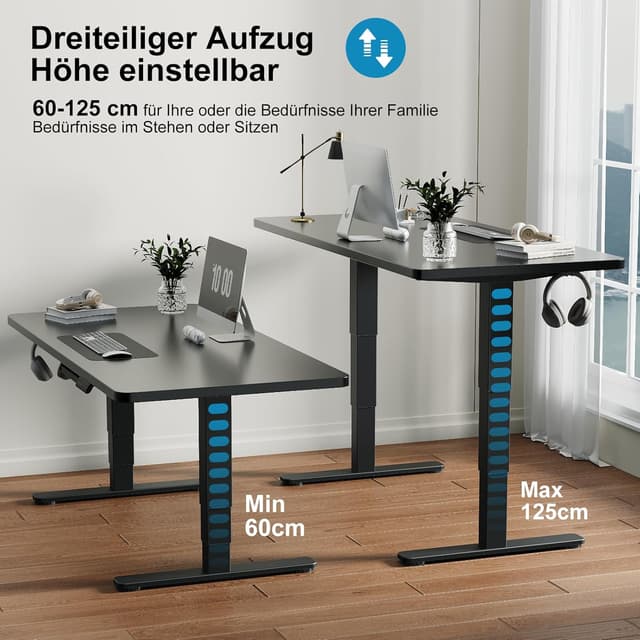 Detalle de Devoko elektrisch höhenverstellbares Schreibtischgestell (60–125 cm) mit 2 Motoren und 3 Memory-Positionen, schwarz