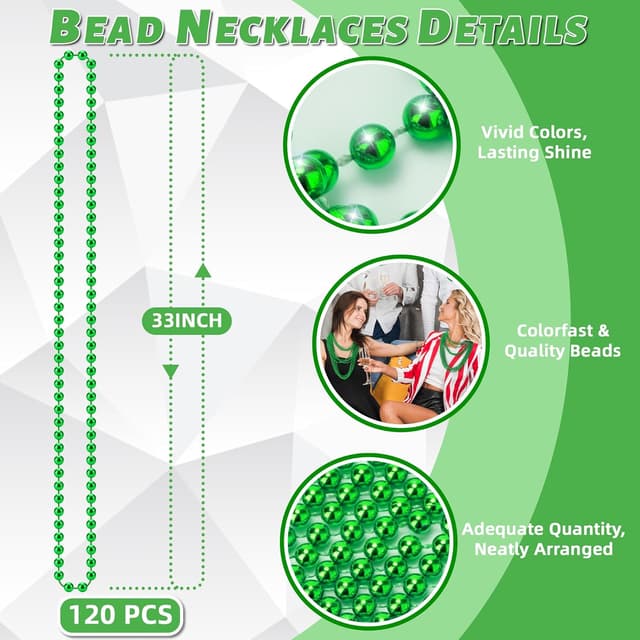 Detalle de YAXINRUI 120-Pack St. Patrick’s Day Green Bead Necklaces (33 in) for Mardi Gras Parties & Favors