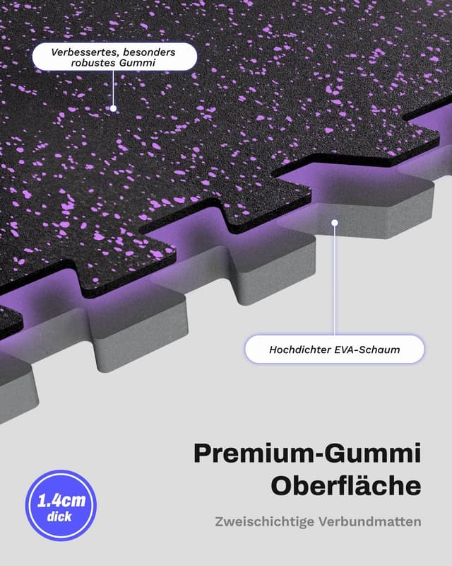 Detalle 2 de AIRHOP 12 Matten Puzzle 60×60×1,4 cm – robuste, gummierte Fitness-Bodenschutzmatte in Schwarz & Lila