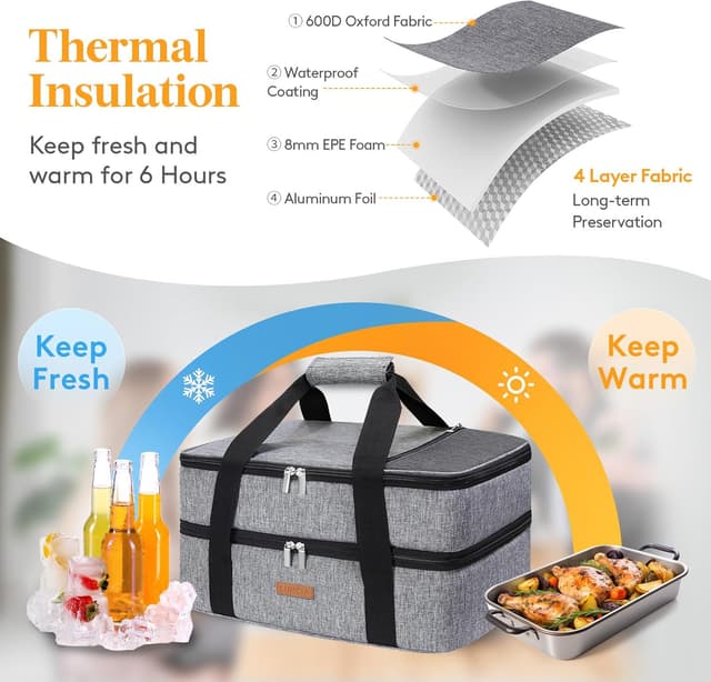 Detalle de LUNCIA Insulated Double Decker Casserole Carrier (Grey) for 9" x 13" Baking Dish