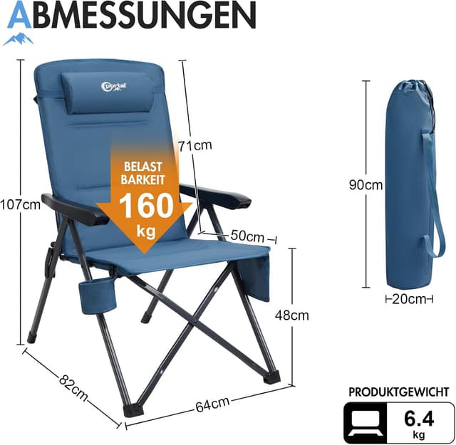 Thumbnail 2 de Portal faltbarer Campingstuhl mit Rückenverstellung in 3 Positionen (bis 160 kg) – hohe Lehne für Garten, Balkon & Angeln