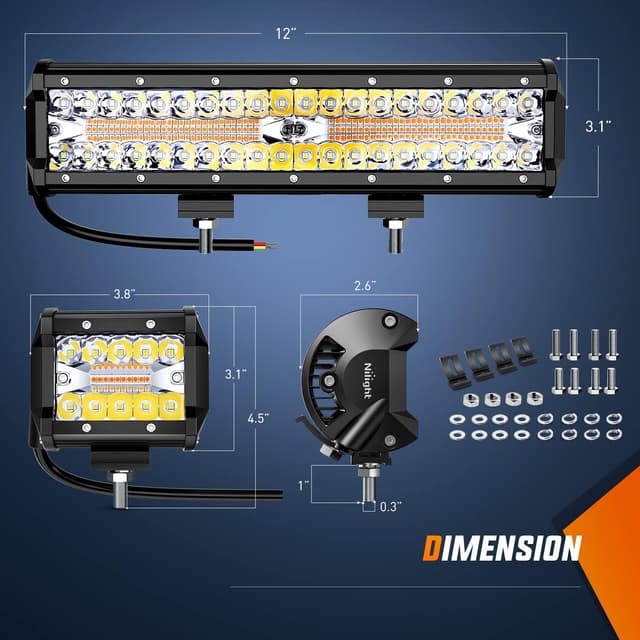 Detalle de Nilight 12-Inch 300W LED Light Bar Kit (2PCS 4-Inch 60W Pods) with Amber/White Strobe + 6 Modes Wiring Harness