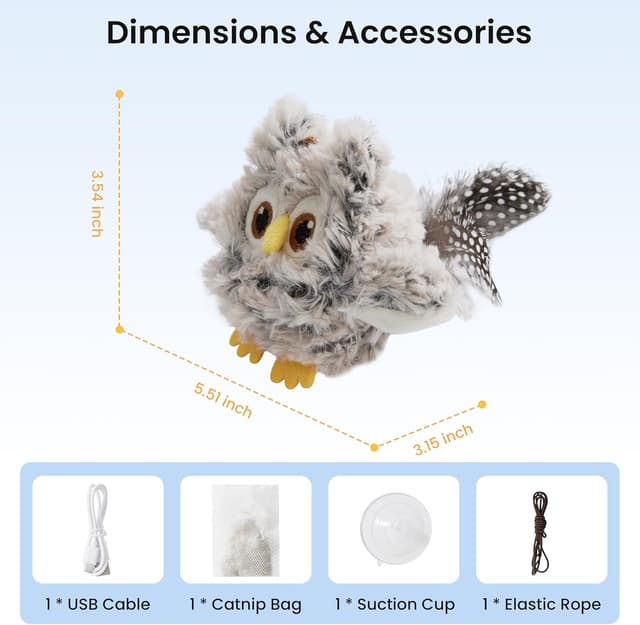 Thumbnail 6 de ZOMISIA Interactive Cat Toys flapping bird & owl toy (touch activated, rechargeable, grey)