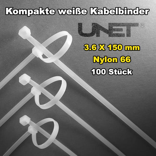 Detalle de Nylon-Kabelbinder 3,6×150 mm (100 Stück) – weiß, selbstverriegelnd, bis 18 kg Zugfestigkeit