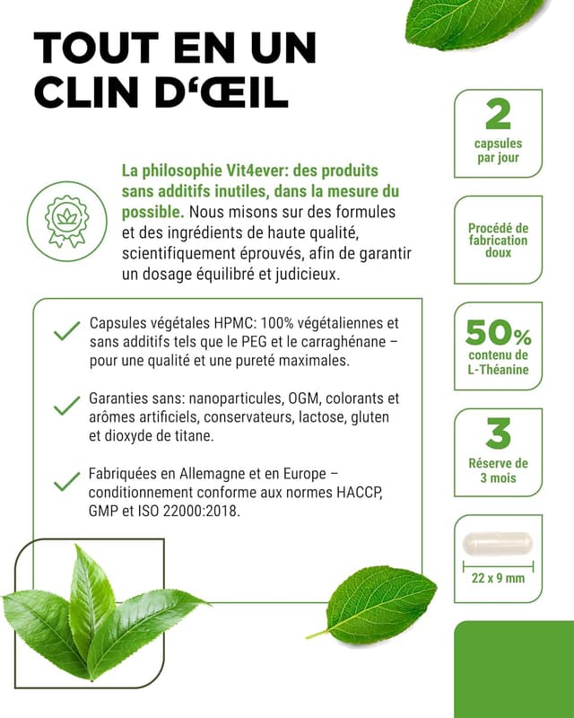 Detalle 2 de L-Théanine vit4ever 180 gélules (750 mg par portion journalière) – extrait naturel de thé vert, végétalien